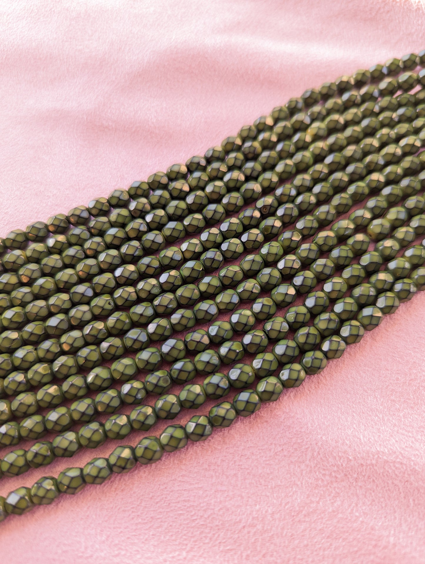 Olive Snake - 6mm - 7 inch Strand - Fire Polish Faceted Crystals
