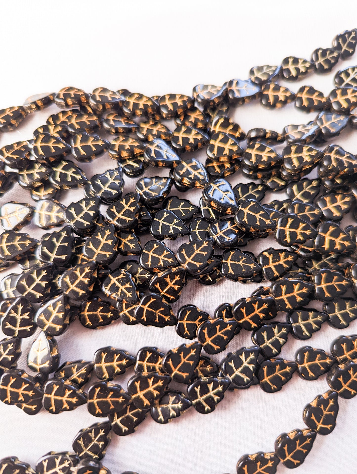 Birch Leaf - Black and Gold - 7 inch Strand - Czech Glass