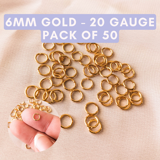50 Pack - 6mm Jump Rings - Gold Plated Brass - 20 Gauge Wire