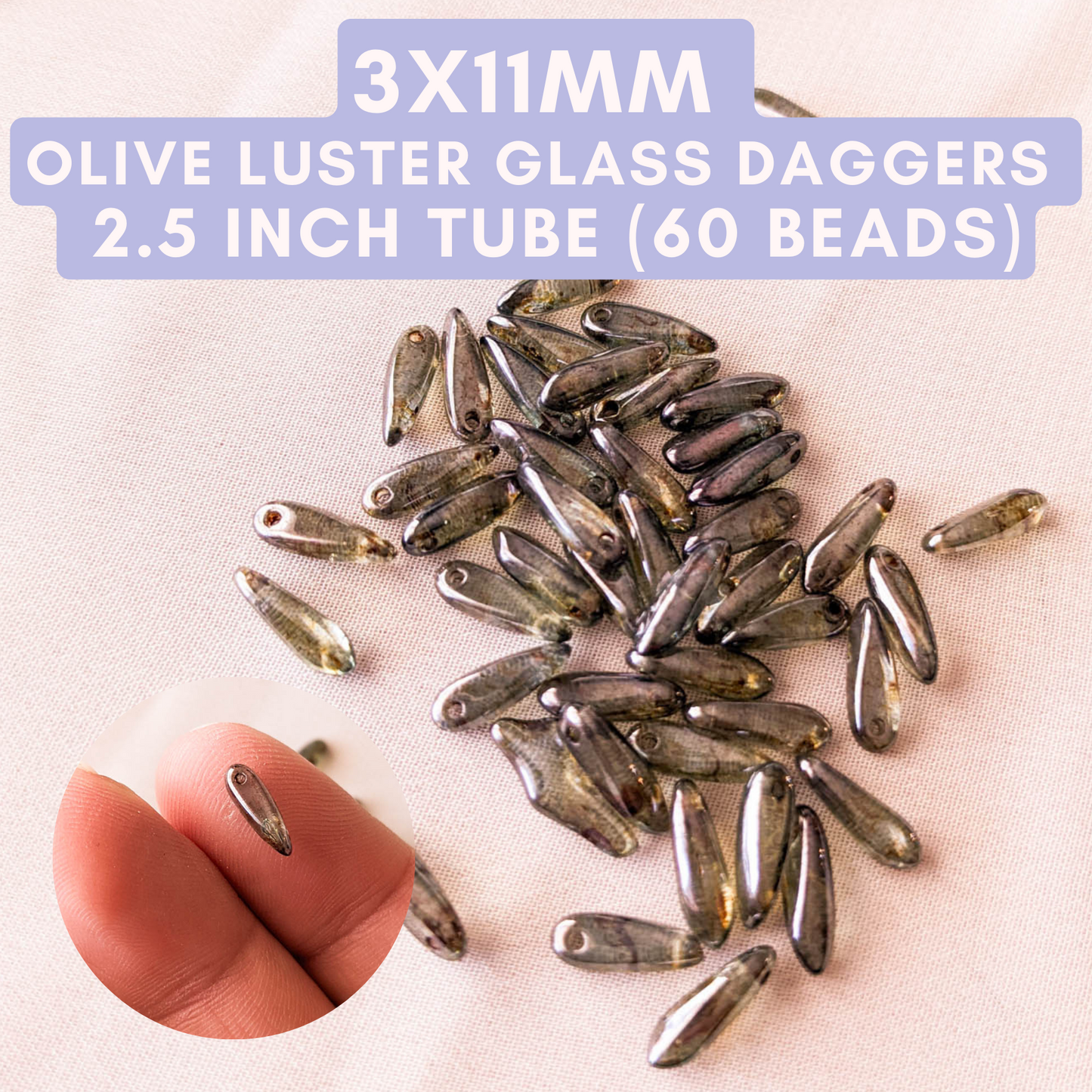 Olive Luster - Transparent Glass - 3x11mm Mini Daggers
