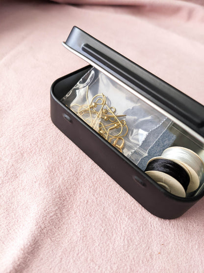 Finding Kit - Gold & Silver Ear Wires and Guards, Black & White Nymo, 2 Needles, Storage Case